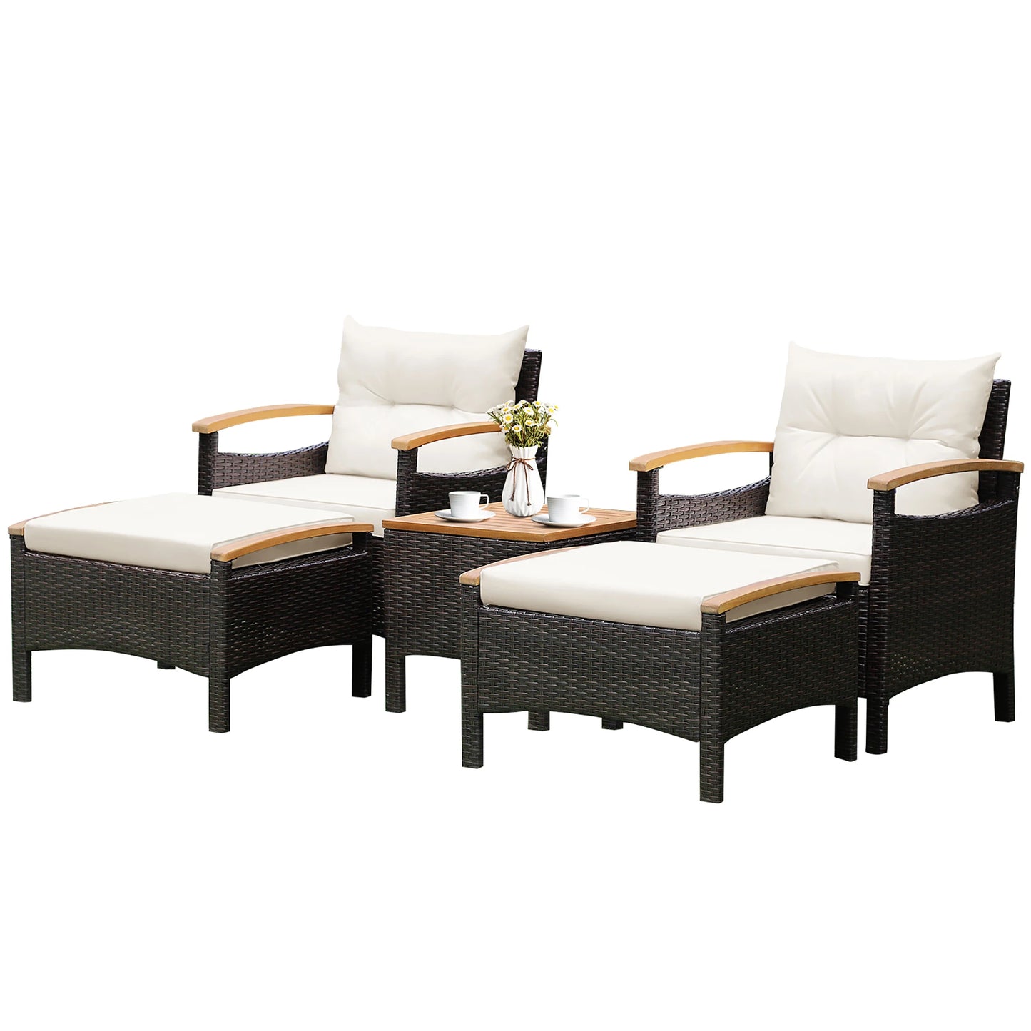 5-Piece Outdoor Patio Rattan Conversation Set with Cushions & Acacia Wood