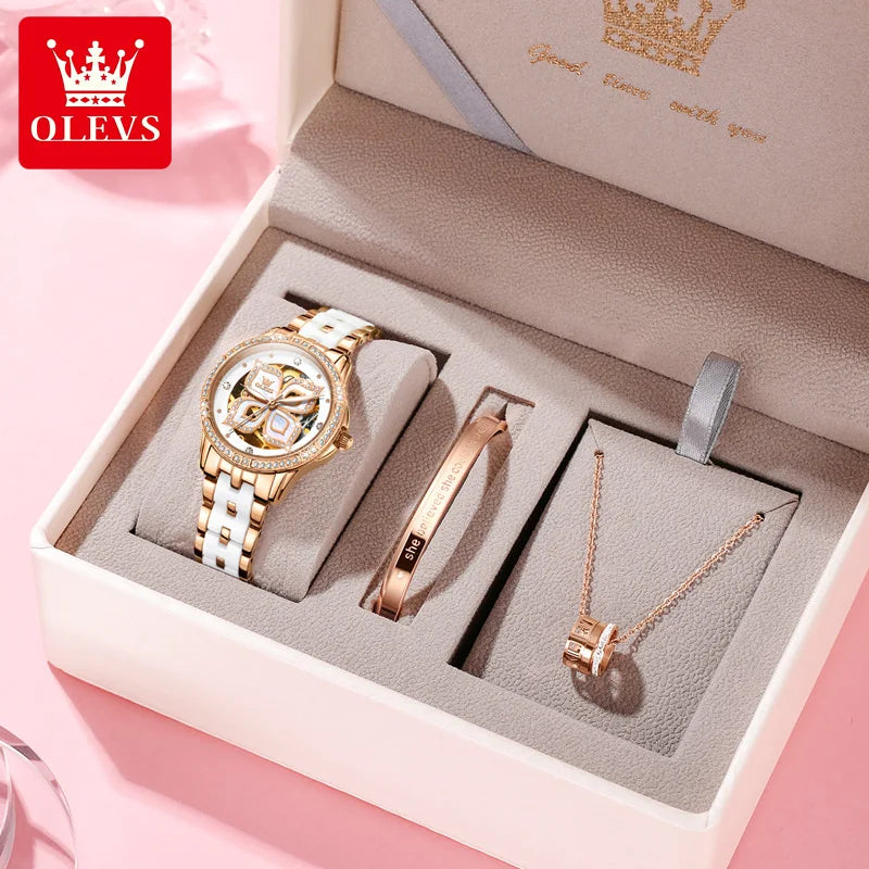 OLEVS Diamond Mechanical Waterproof Watch Gift Set for Women