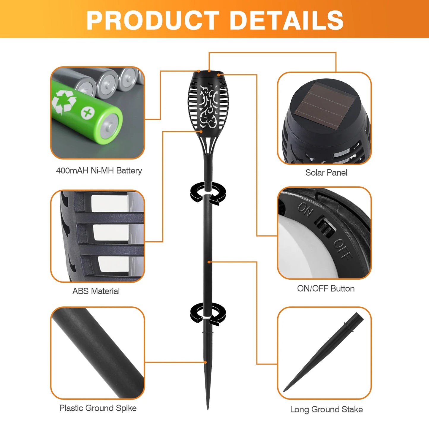 Waterproof Solar LED Torch Lights With Flickering Flame For Path