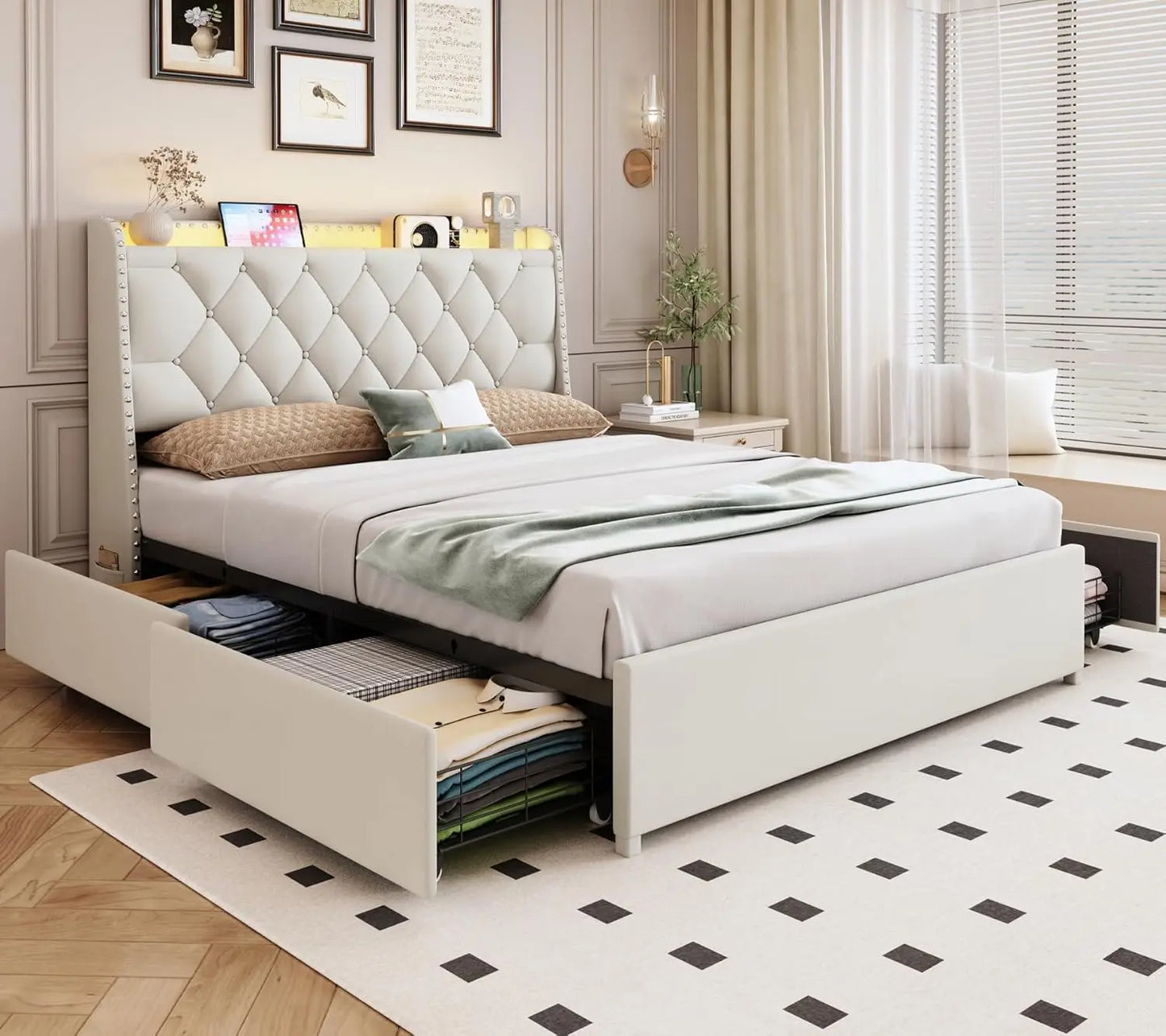 Queen Size Bed with 4 Drawers & Storage Headboard, LED Lights & Charging Station