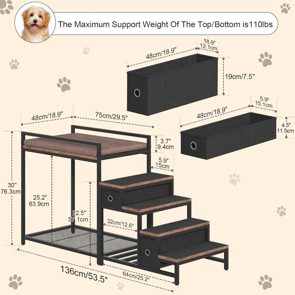 dual-level pet bunk bed with detachable stairs, storage drawers, and window perch for dogs and cats