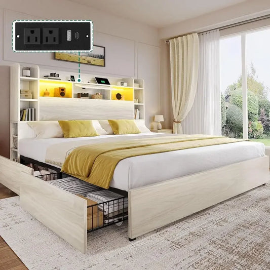 Storage Bookcase Headboard Bed Frame With 4 Drawers