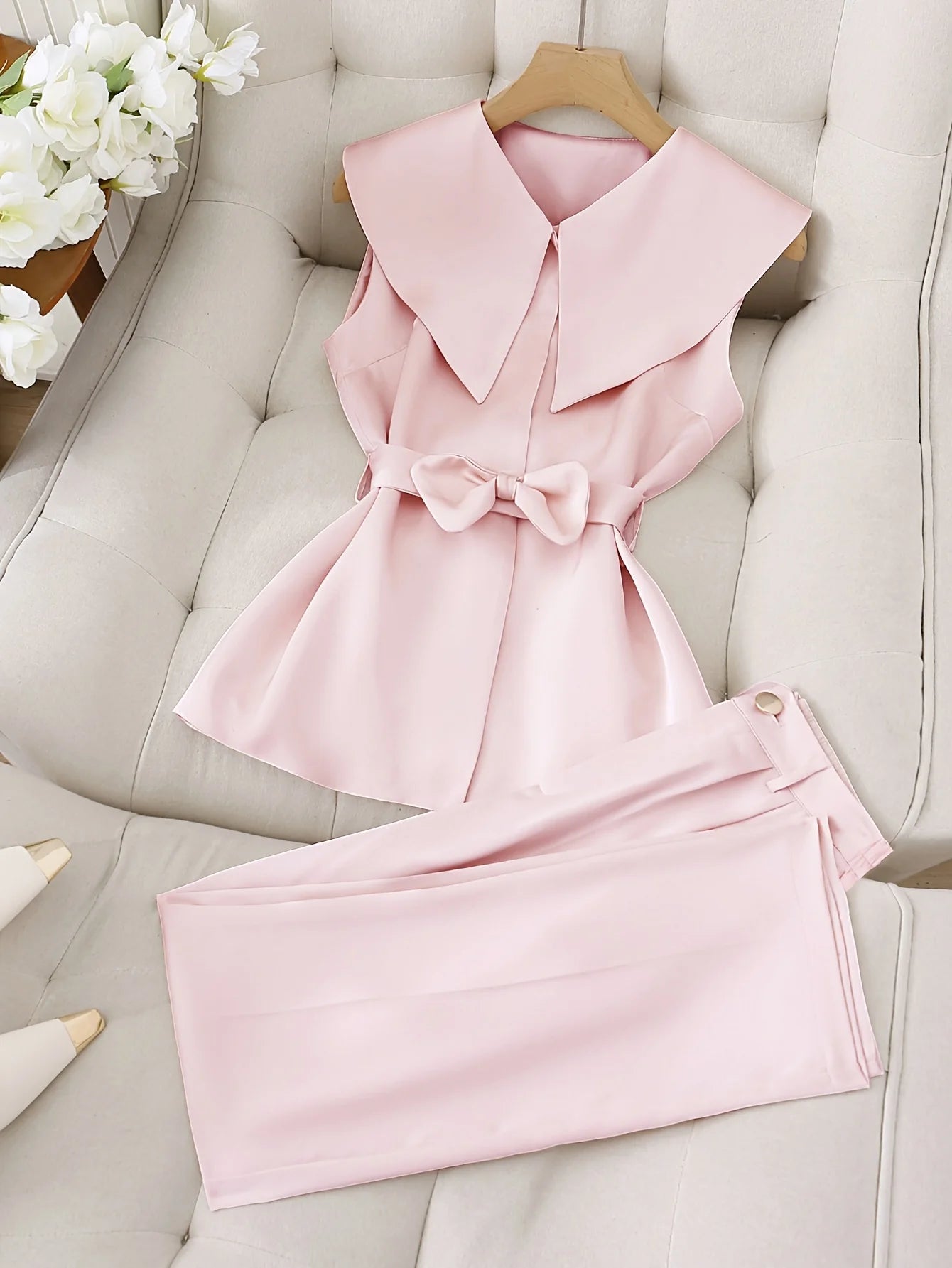 ZHUANIE Sleeveless Top And Trousers Two-Piece Set For Office Ladies