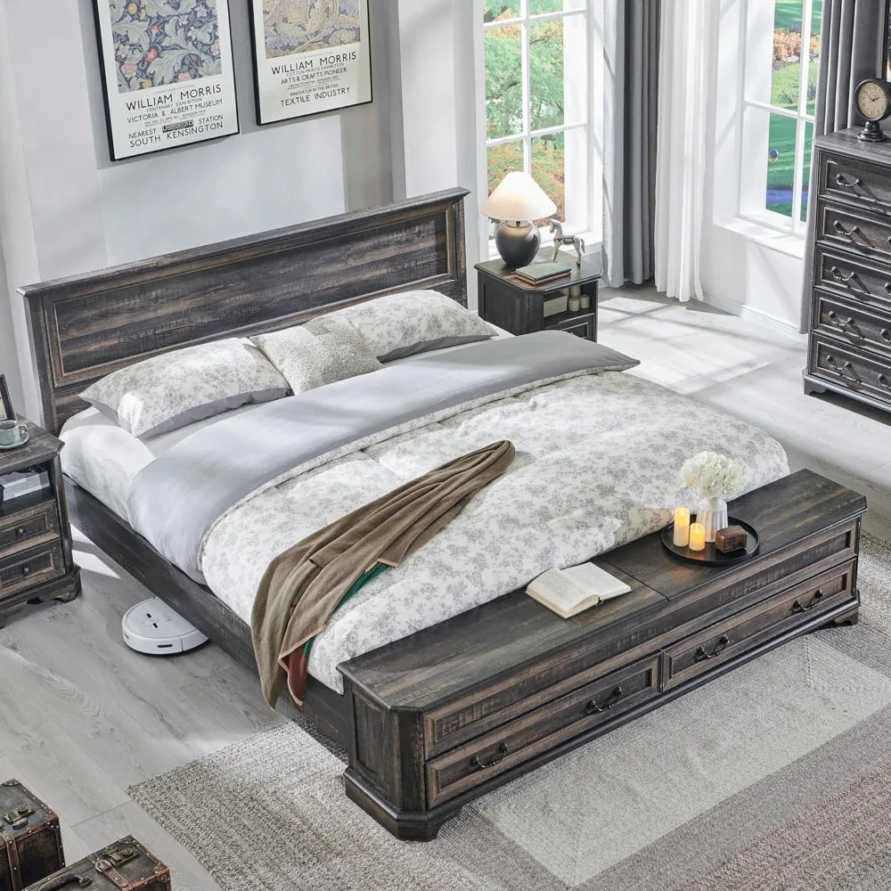 Farmhouse King Bed with Headboard and Storage Bench