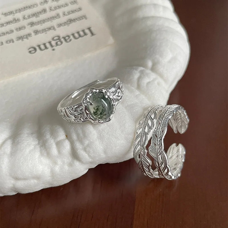 Feng Shui Grass Agate Sterling Silver Ring For Women