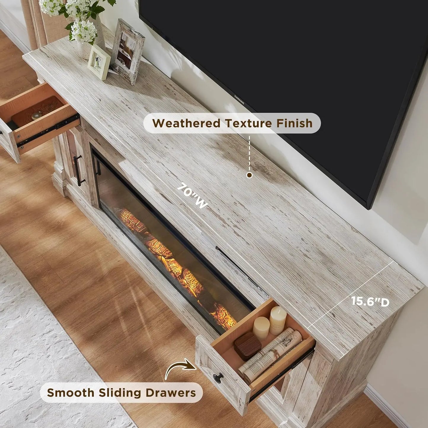 Farmhouse Entertainment Center With Electric Fireplace And LED Lights