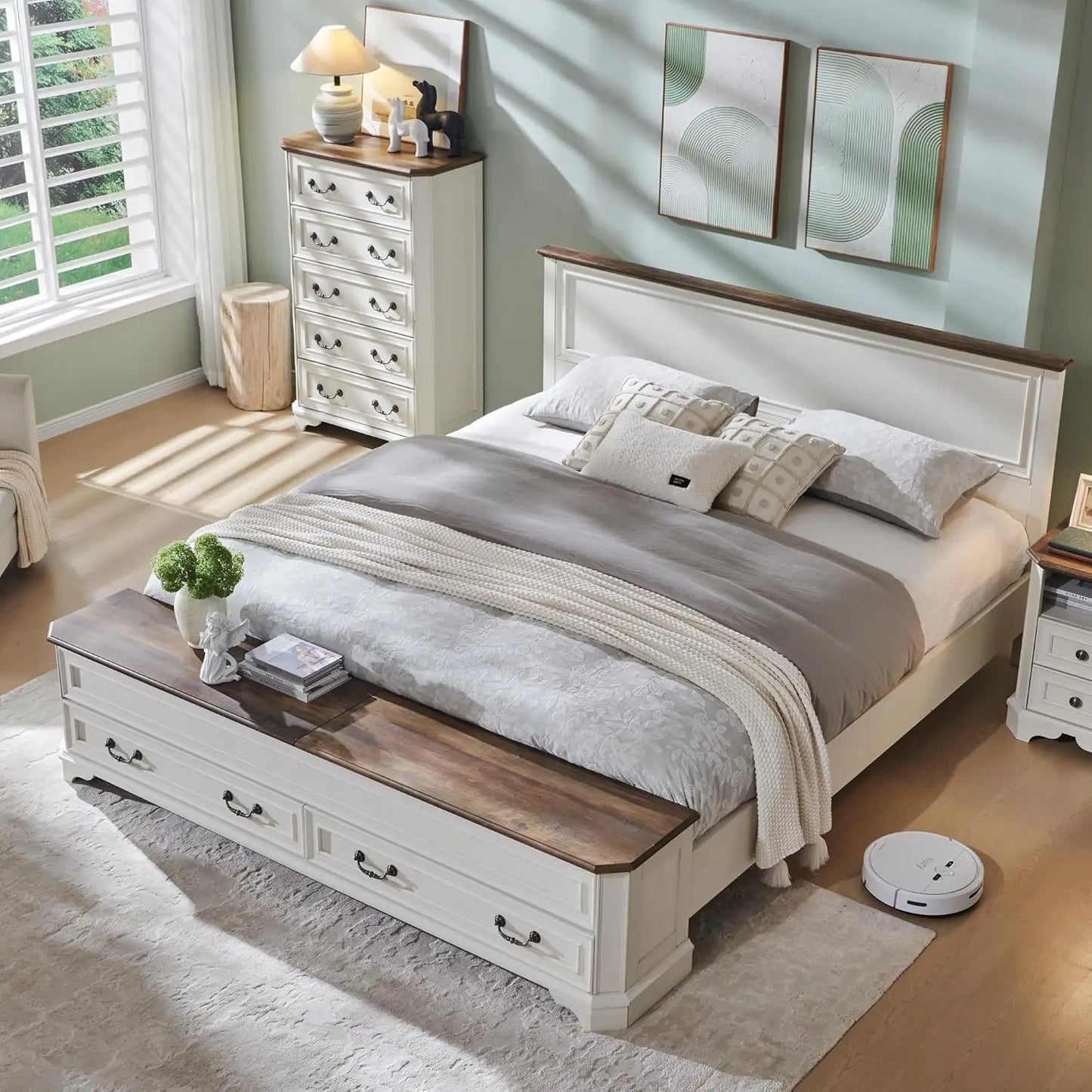 Farmhouse King Bed with Headboard and Storage Bench