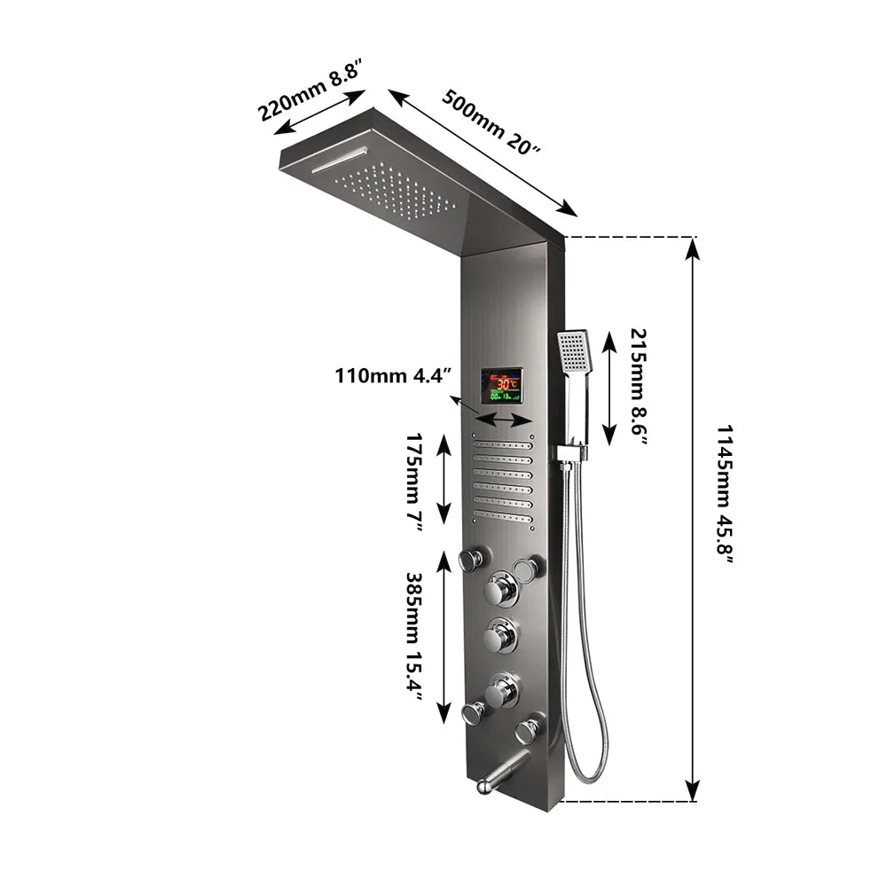 MEKKHALA LED Rainfall Shower Column With Body Jets Digital Display
