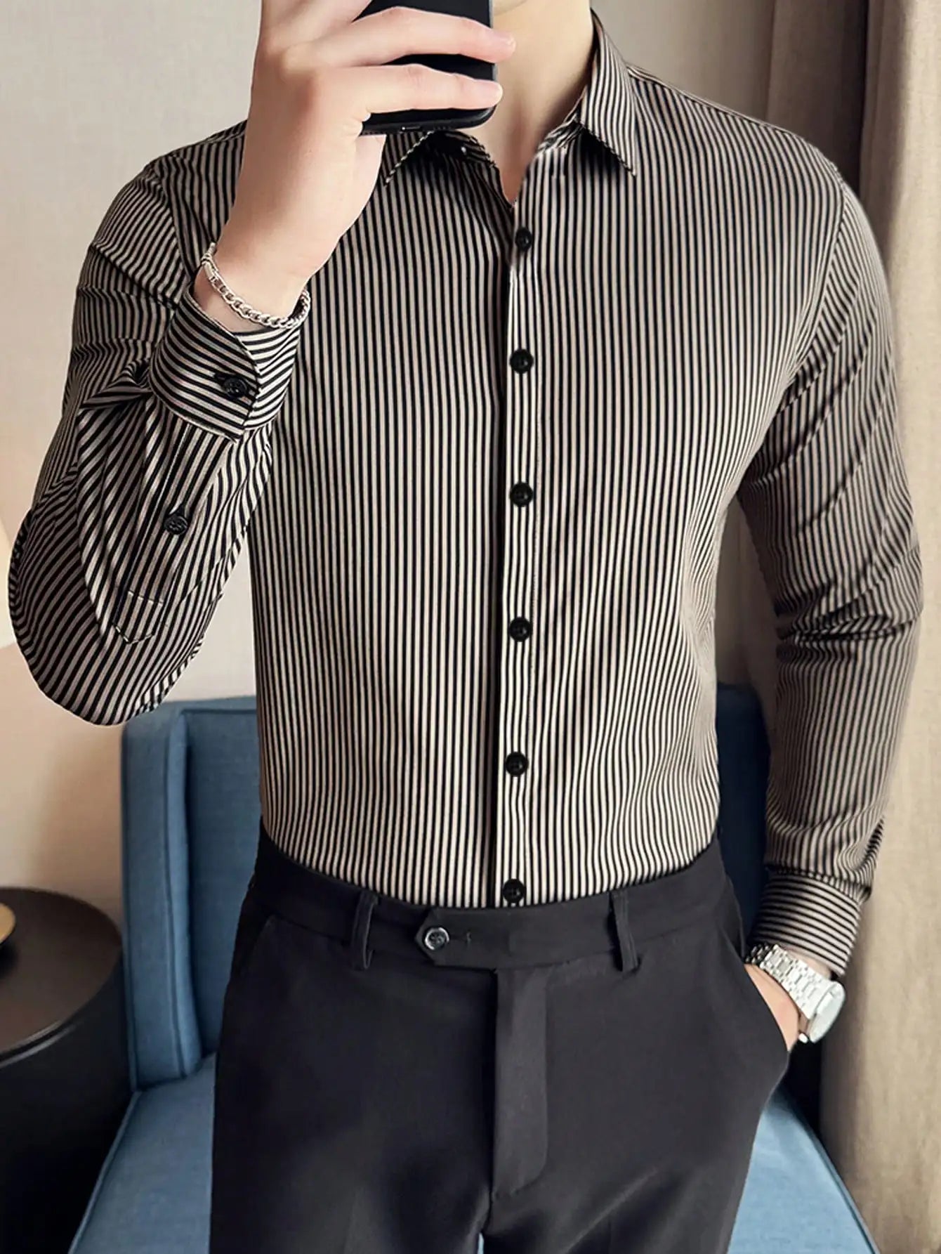 Men's Slim Fit Stripe Long Sleeve Business Casual Shirt