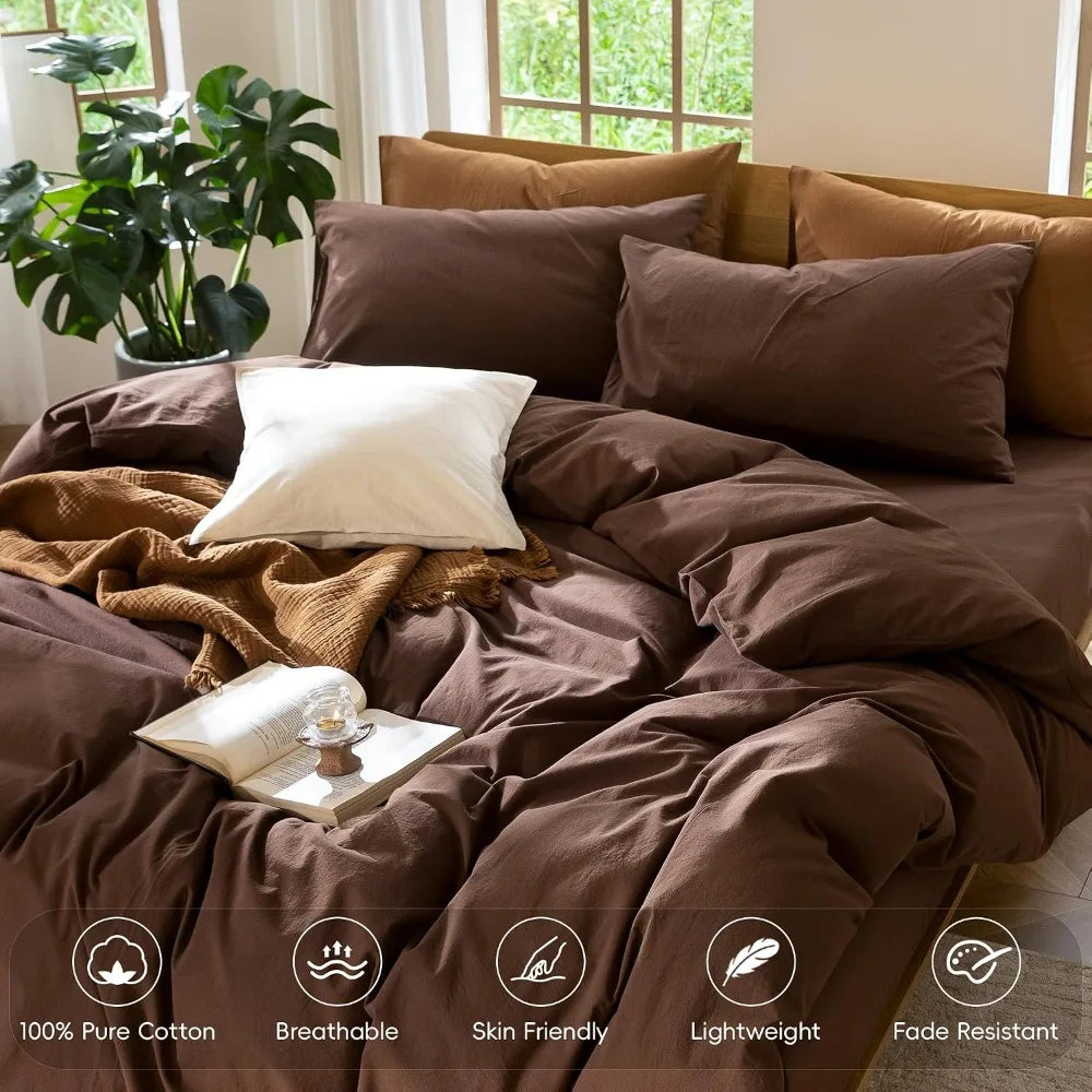 Washed Cotton Duvet Cover Set Linen Like Texture Breathable Soft