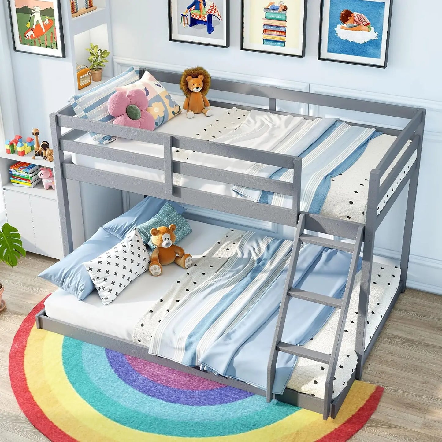 Twin Over Full Bunk Bed, Solid Wood Kids Bunk Bed with Full-Length Guardrails & Ladder