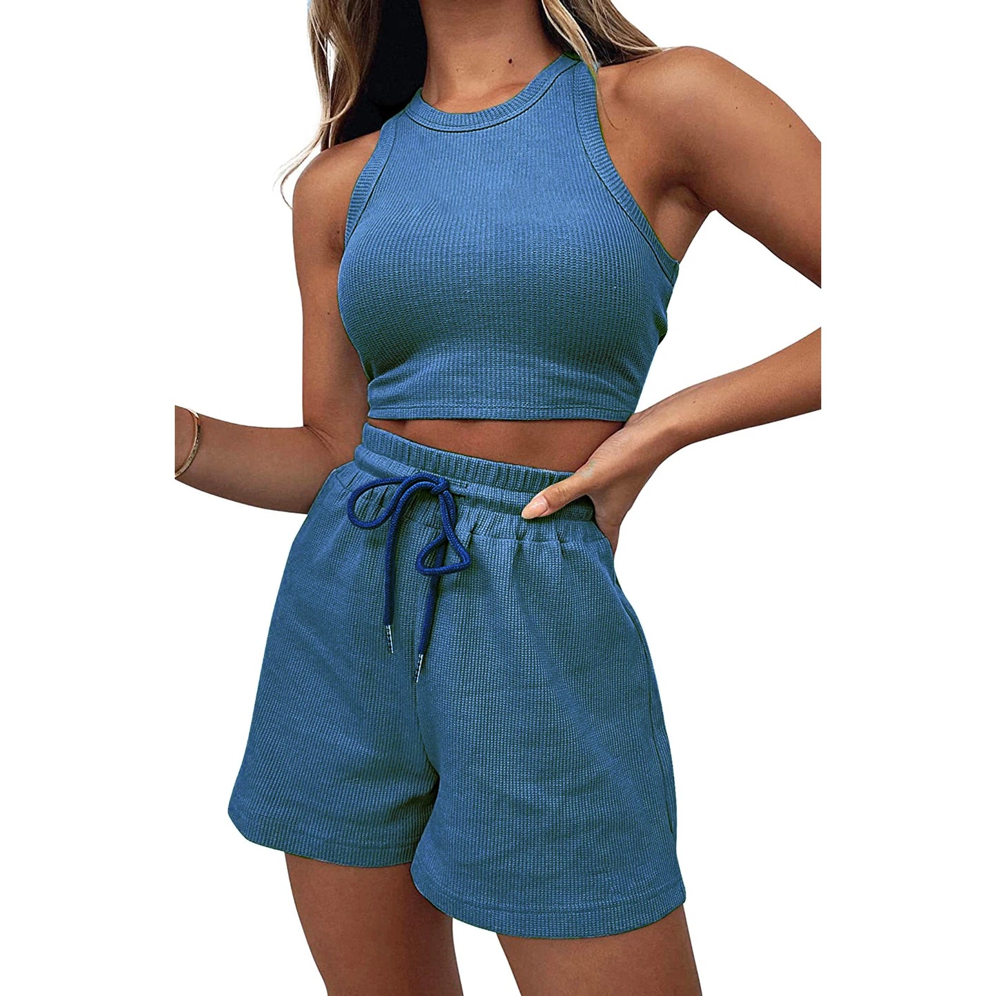 Hirigin Women's Waffle Sleeveless Tank Top Shorts Two Piece Set