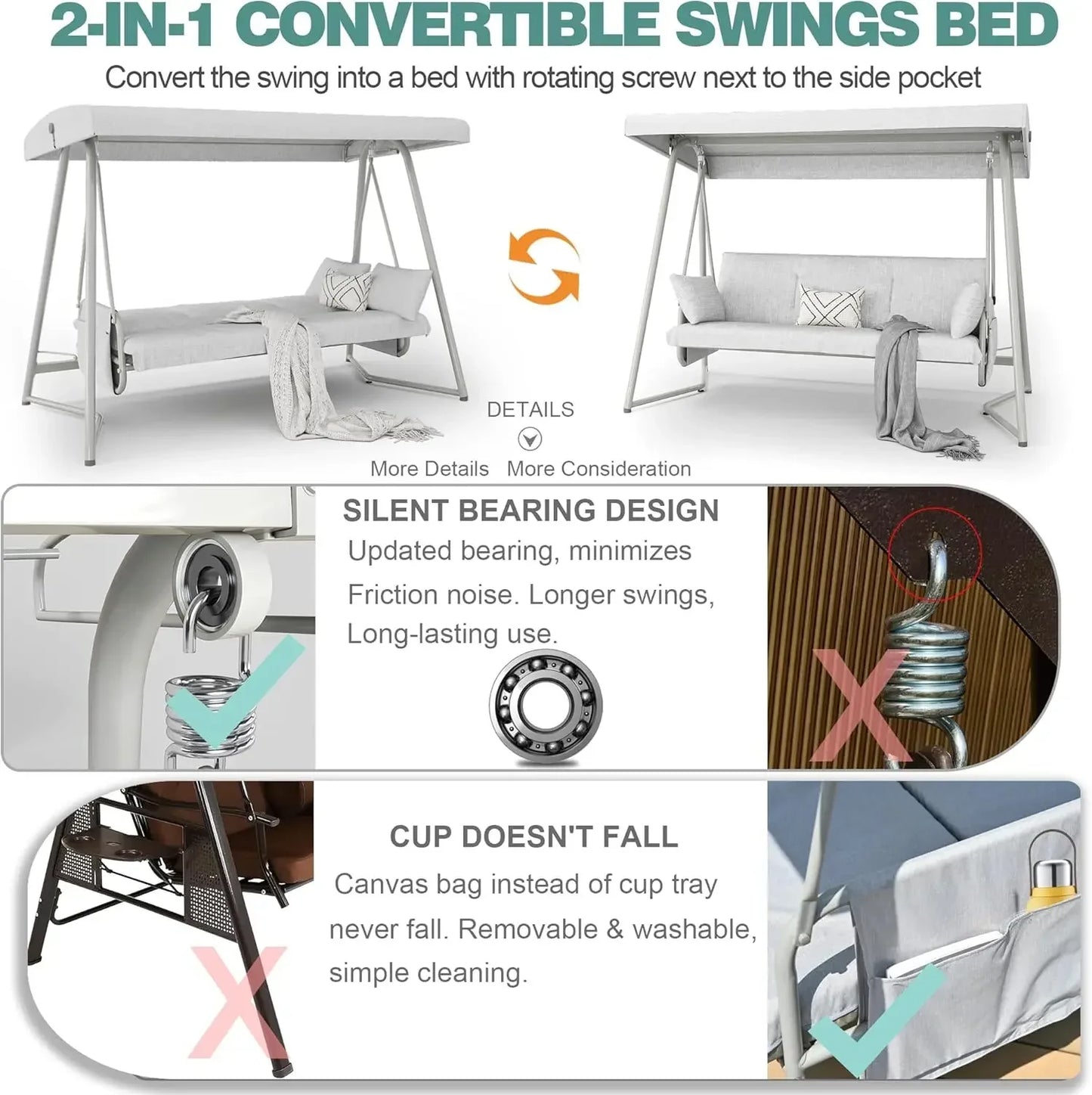 XMSJ 3 To 4 Seat Porch Swing 2in1 Outdoor Bed With Adjustable Backrest