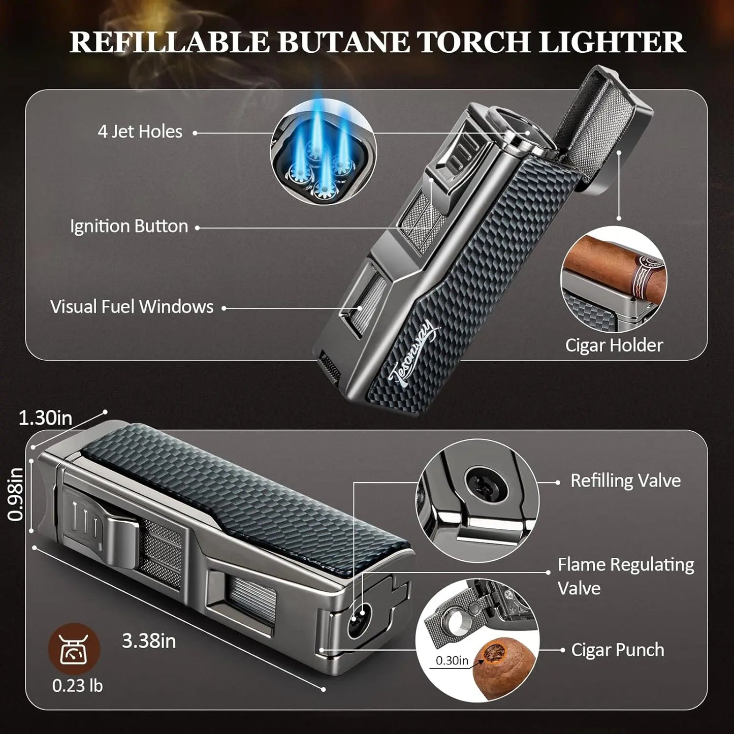 Tesonway Travel Humidor Cigar Case With Leather Cedar Wood Lighter