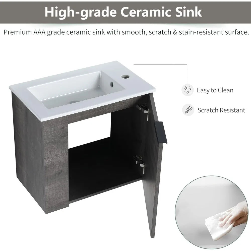 Modern Wall Mounted Vanity With Ceramic Basin In Engineered Wood