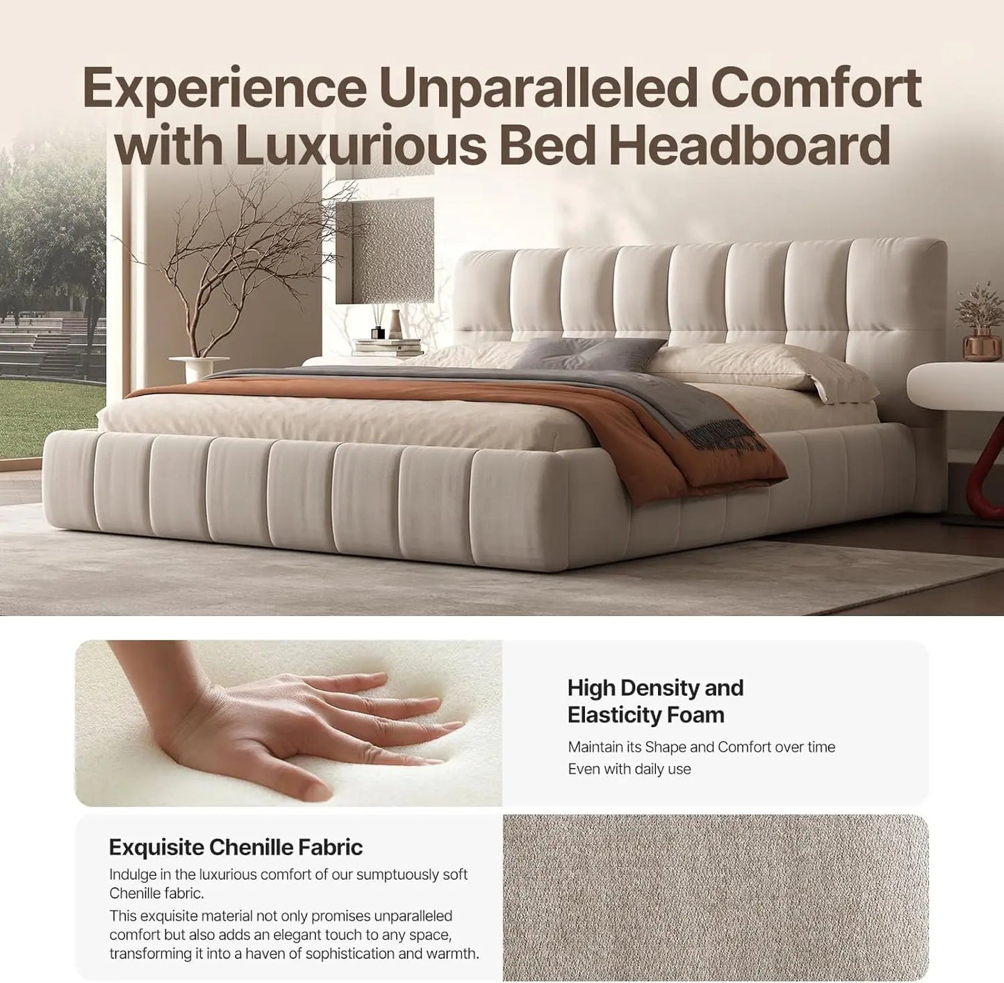 Custom Chenille Upholstered Platform Bed Frame With Cloud Soft Headboard
