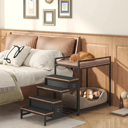 dual-level pet bunk bed with detachable stairs, storage drawers, and window perch for dogs and cats