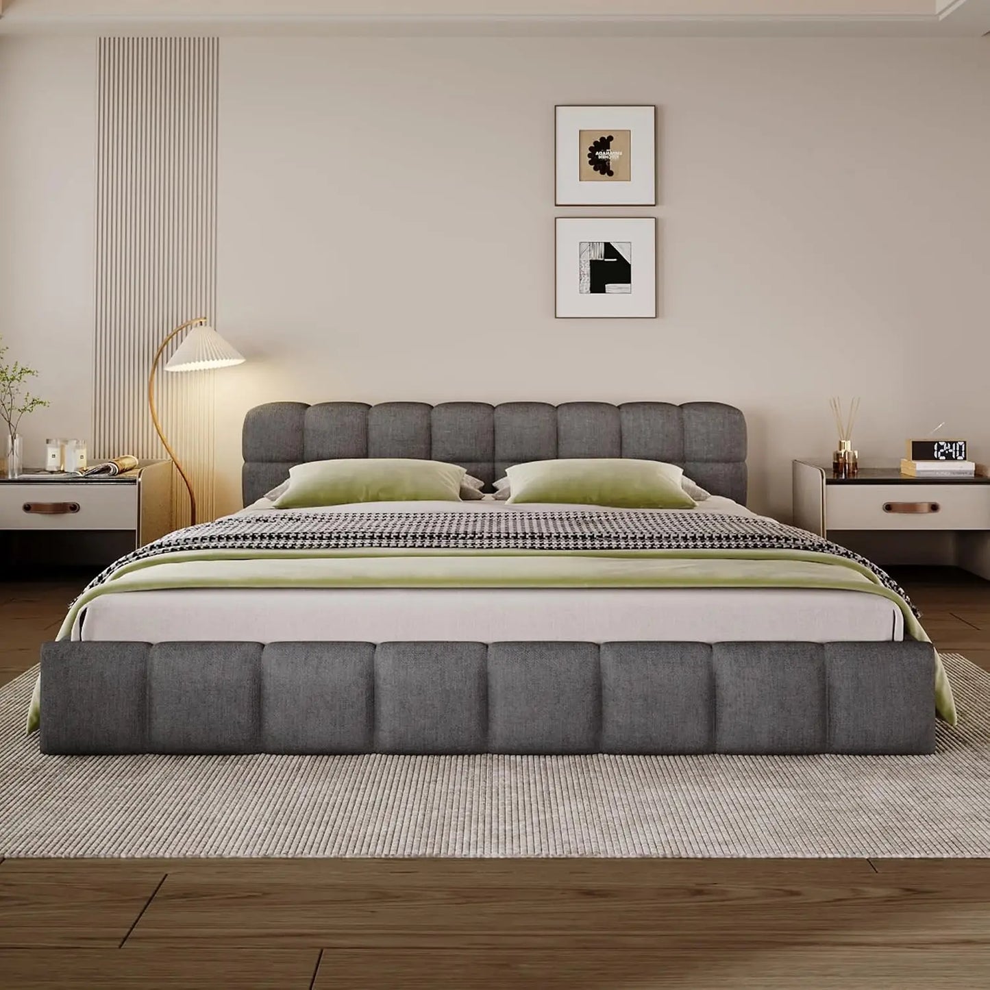 Custom Chenille Upholstered Platform Bed Frame With Cloud Soft Headboard