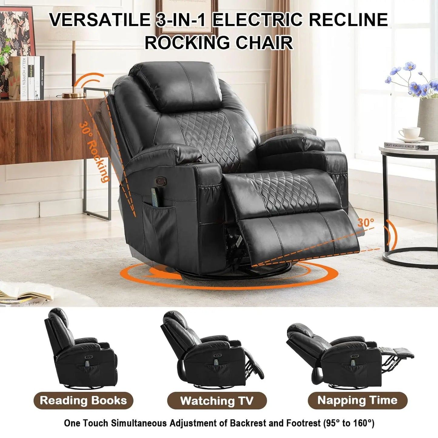 Power Swivel Rocker Recliner Chair With Heat Massage