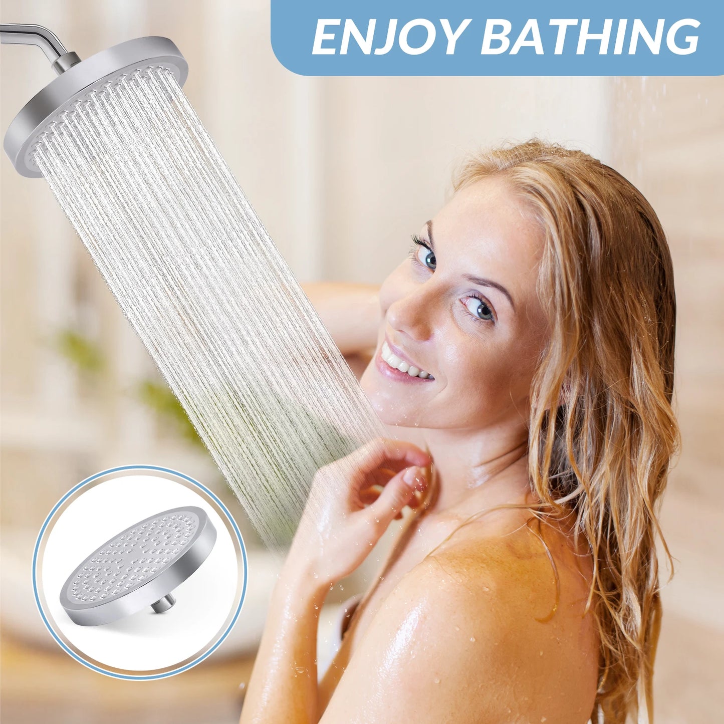 Stainless Steel Rain Shower Head Wall Mounted Adjustable High Pressure