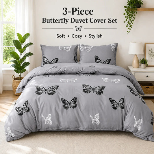 Three Piece Butterfly Duvet Cover Set With Pillowcases