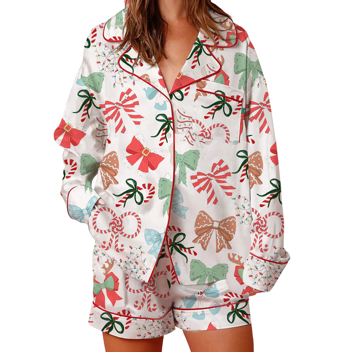 Festive Pajama Set With Long Sleeve Lapel Shirt And Shorts