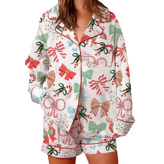 Festive Pajama Set With Long Sleeve Lapel Shirt And Shorts