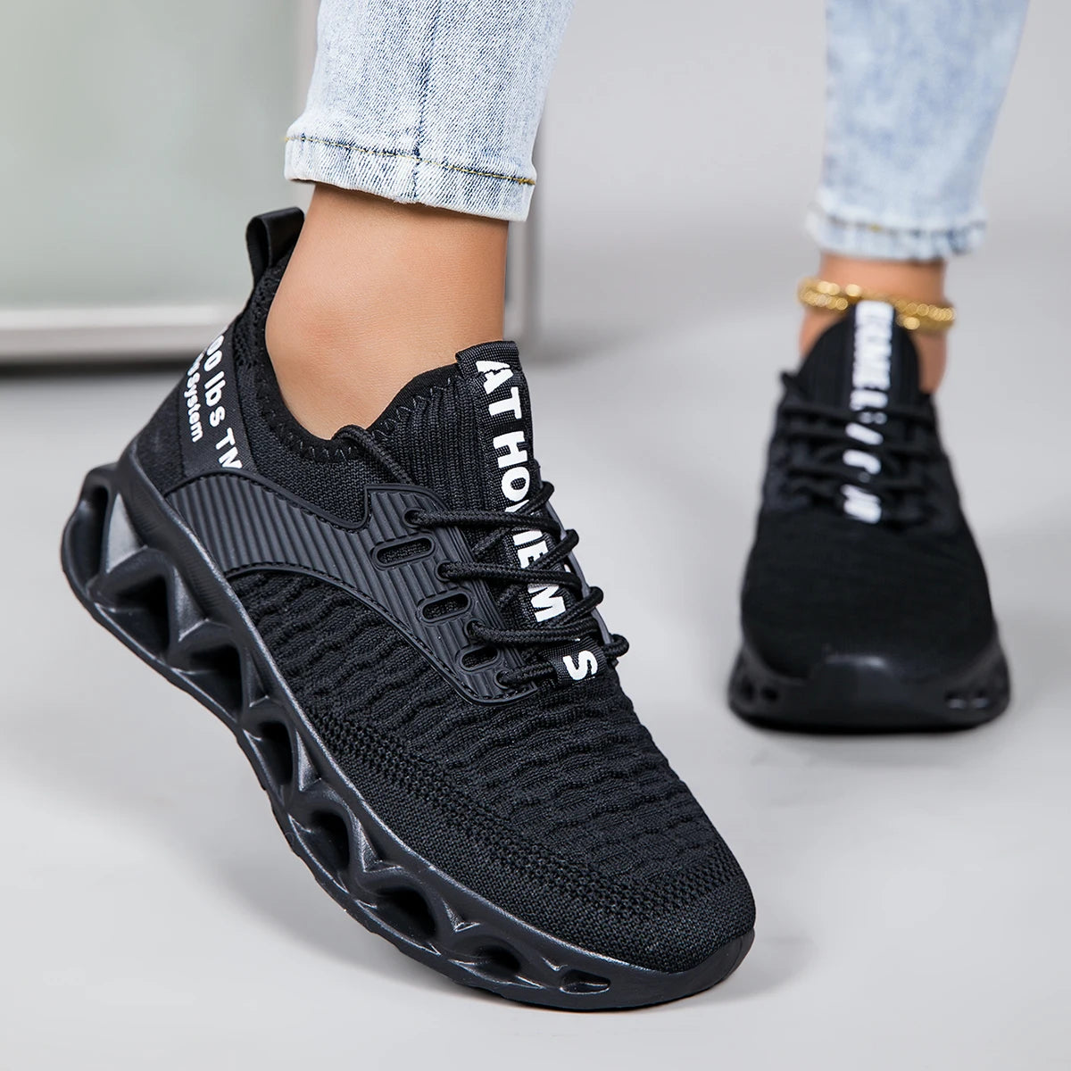 Womens Lightweight Orthopedic Lace Up Geometric Sneakers With Nylon Upper