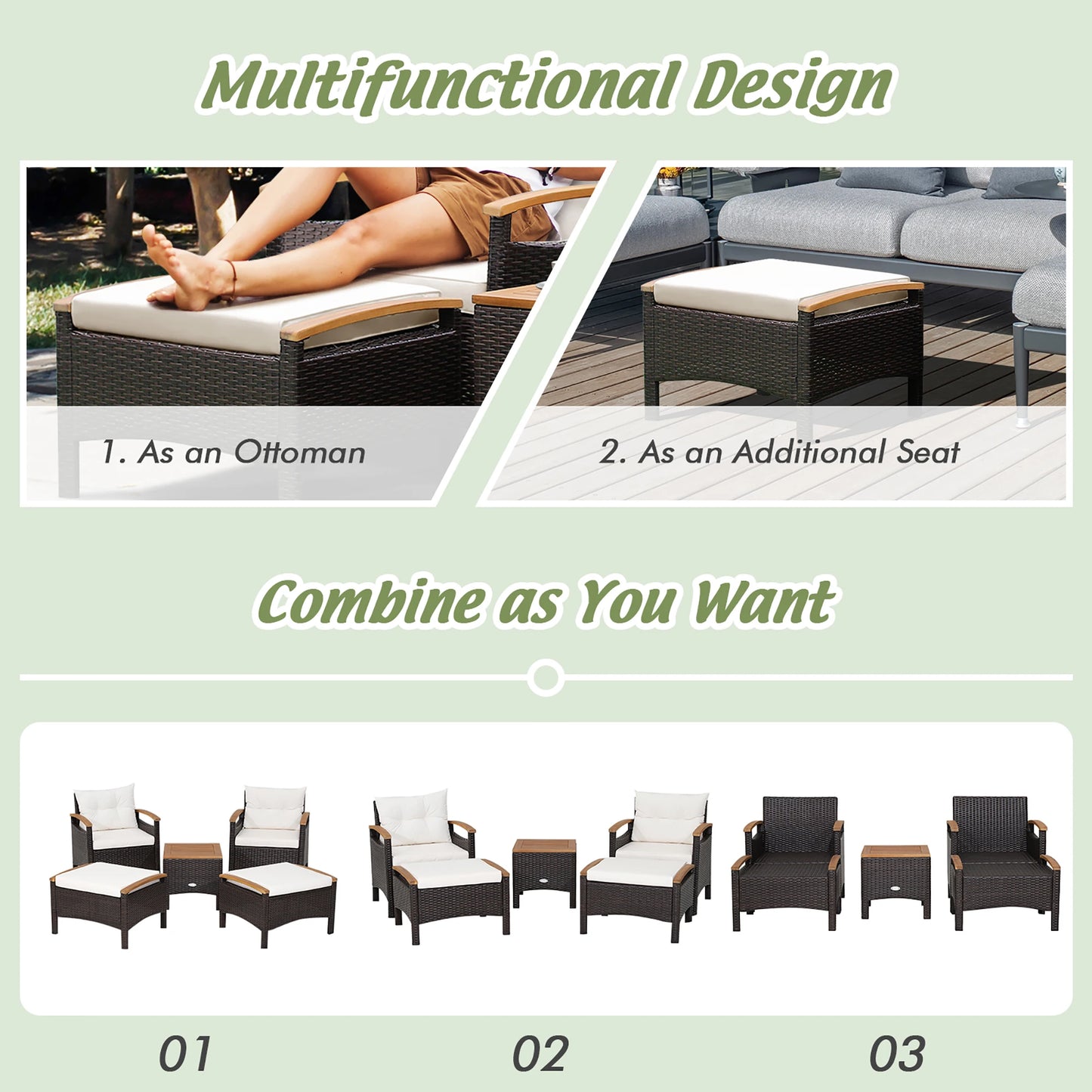 5-Piece Outdoor Patio Rattan Conversation Set with Cushions & Acacia Wood