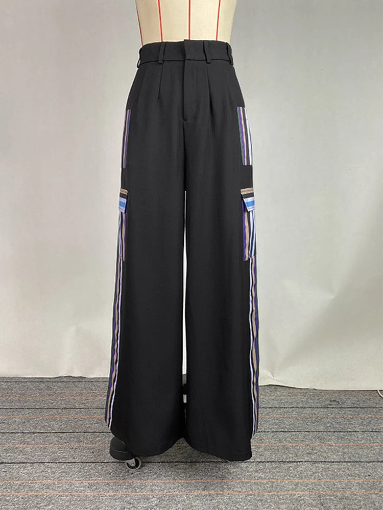 OSHOPLIVECN Womens Street Style Pocket Stripe Pants Loose