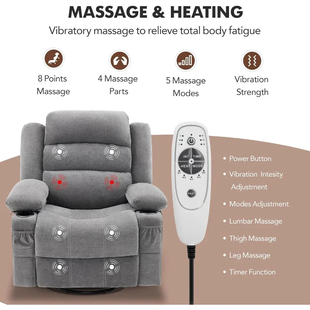 Massage Recliner with Heat, Swivel & Rocking Function
