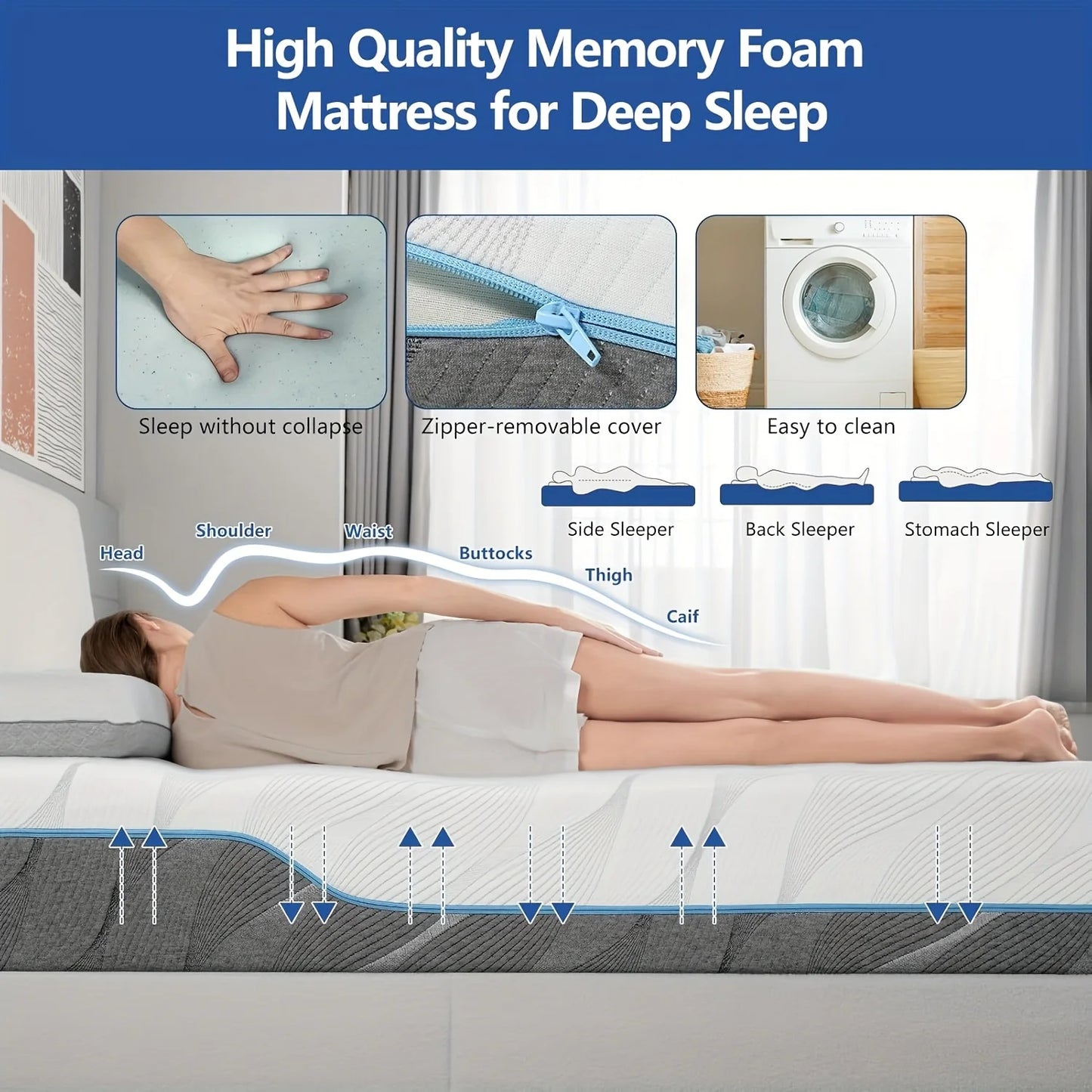 Premium Memory Foam Mattress - Extra Firm Dual Sides for Back Pain Relief