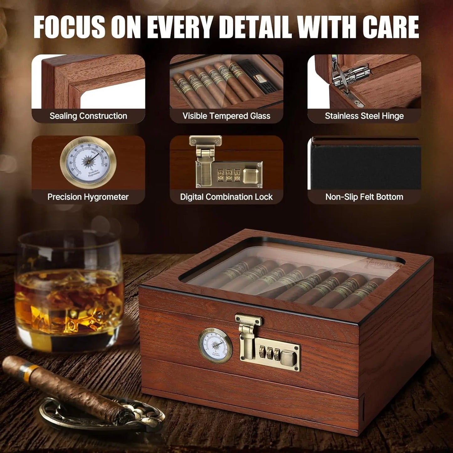 Tesonway Cedar Wood Desktop Cigar Humidor With Front Hygrometer