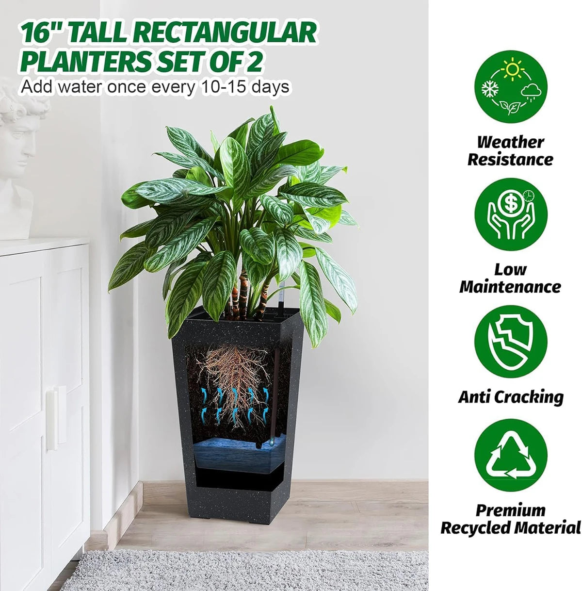 TWISTER.CK Set Of 2 Plant Pots With Drainage Holes And Water Level Monitor