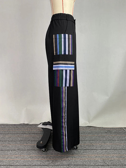 OSHOPLIVECN Womens Street Style Pocket Stripe Pants Loose
