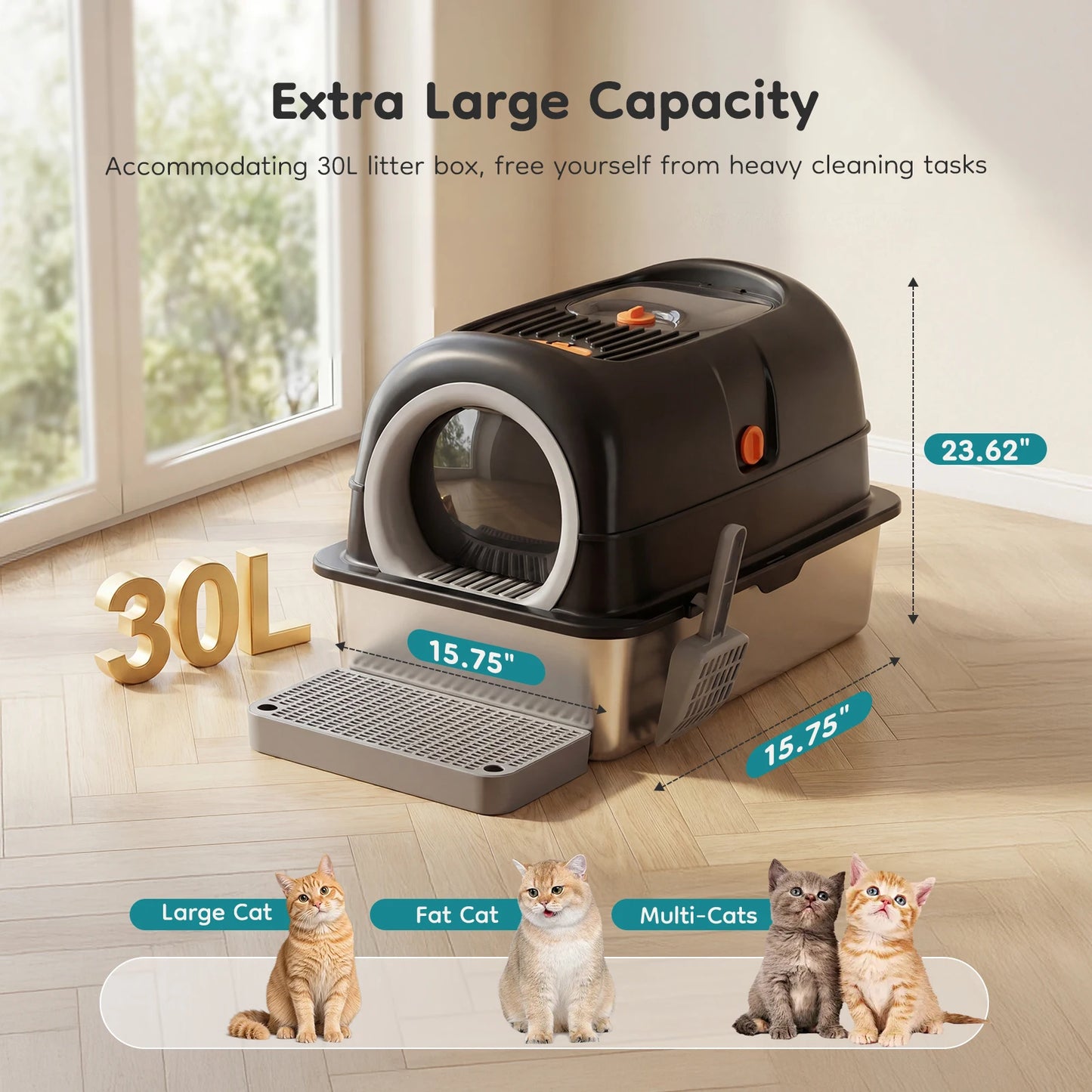 XL Stainless Steel Covered Cat Litter Box with Lid