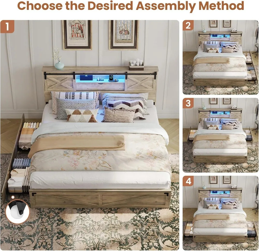 Bed Frame Rustic Farmhouse Style Storage Headboard LED Lights Charging Station