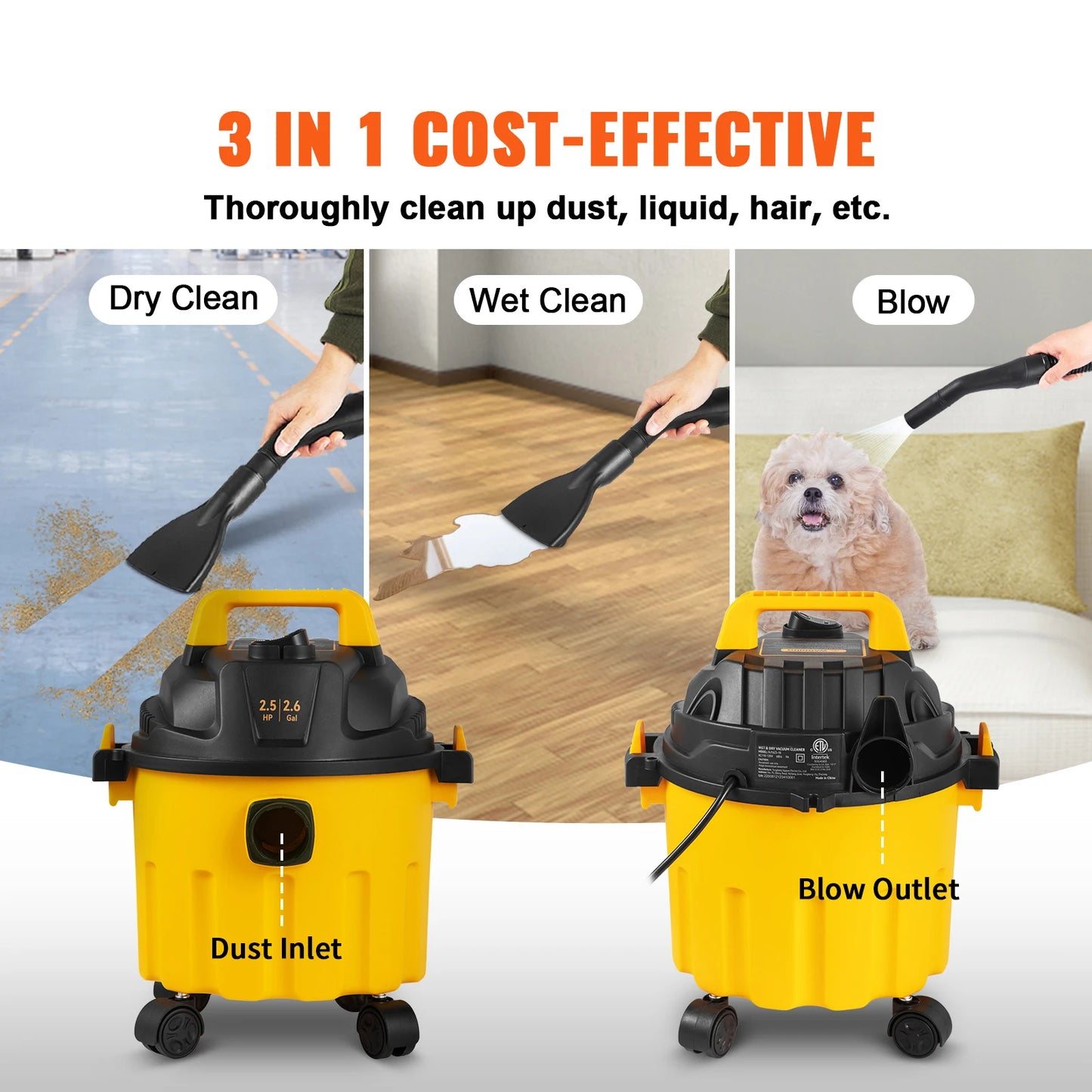 Wet Dry Vac HEPA 2.5 HP 3in1 Portable Vacuum
