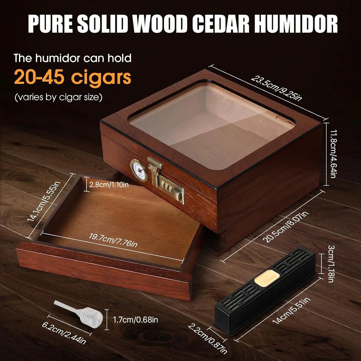 Tesonway Cedar Wood Desktop Cigar Humidor With Front Hygrometer
