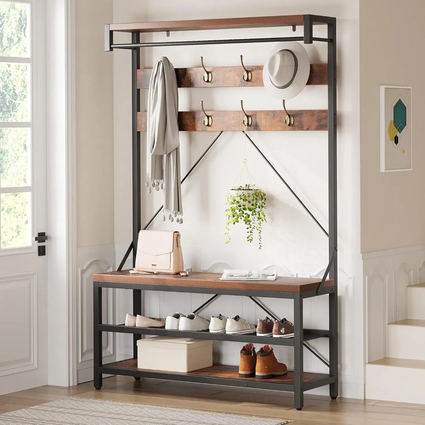 Acekool Industrial Hall Tree Coat Rack With Bench And Storage