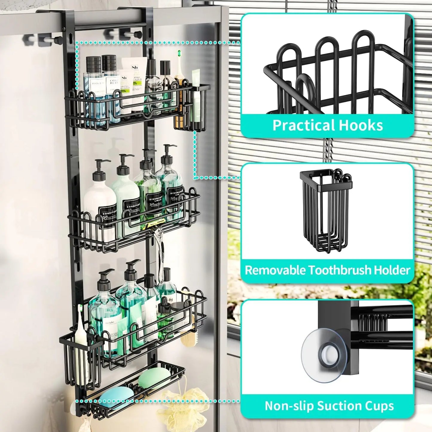 4-Tier Adjustable Over-The-Door Shower Caddy for Bathroom Storage