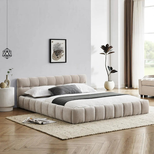 Custom Chenille Upholstered Platform Bed Frame With Cloud Soft Headboard