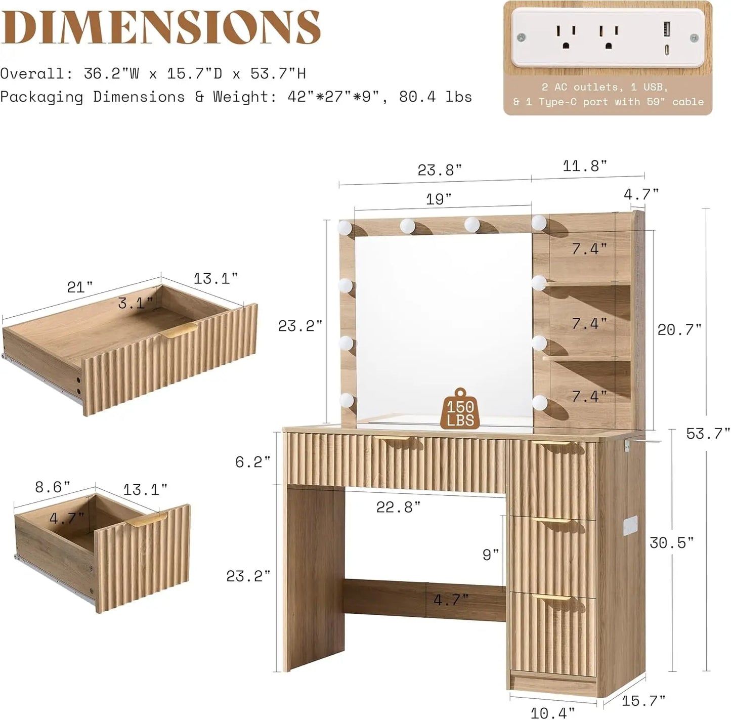Fluted Vanity Desk With Mirror And Adjustable LED Lights