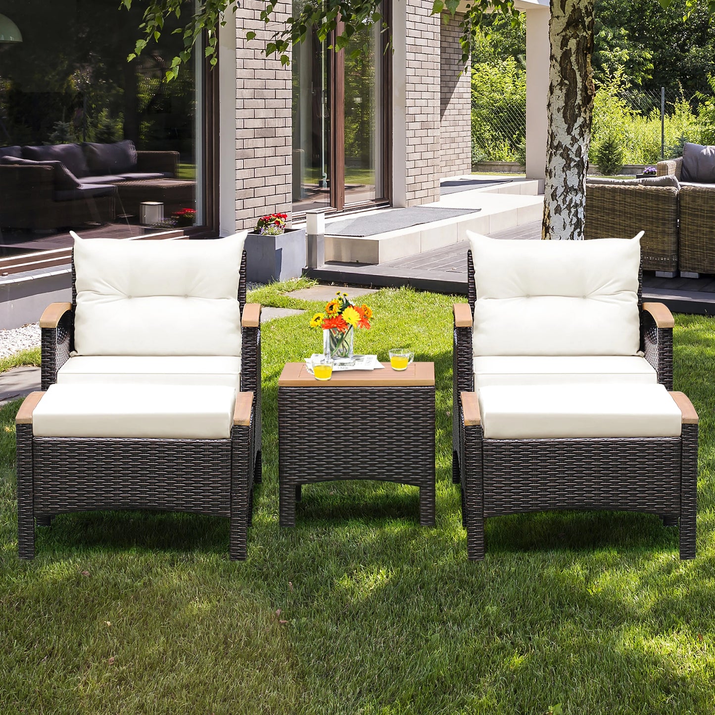 5-Piece Outdoor Patio Rattan Conversation Set with Cushions & Acacia Wood