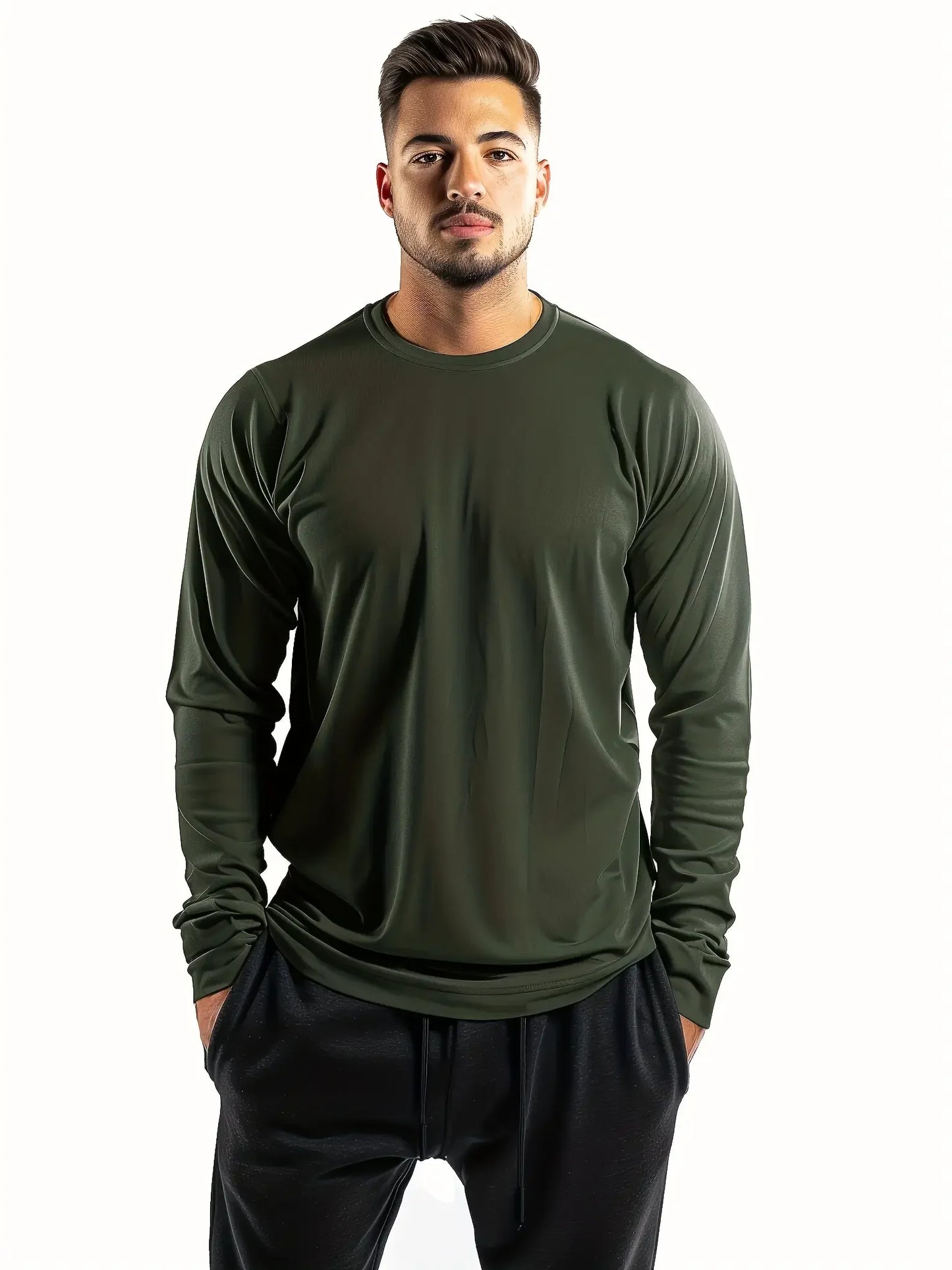 Winthunder Mens Solid Round Neck Long Sleeve T Shirt