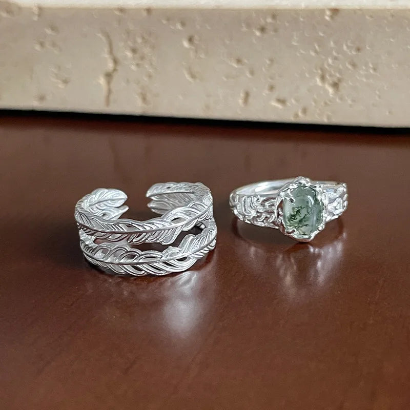 Feng Shui Grass Agate Sterling Silver Ring For Women