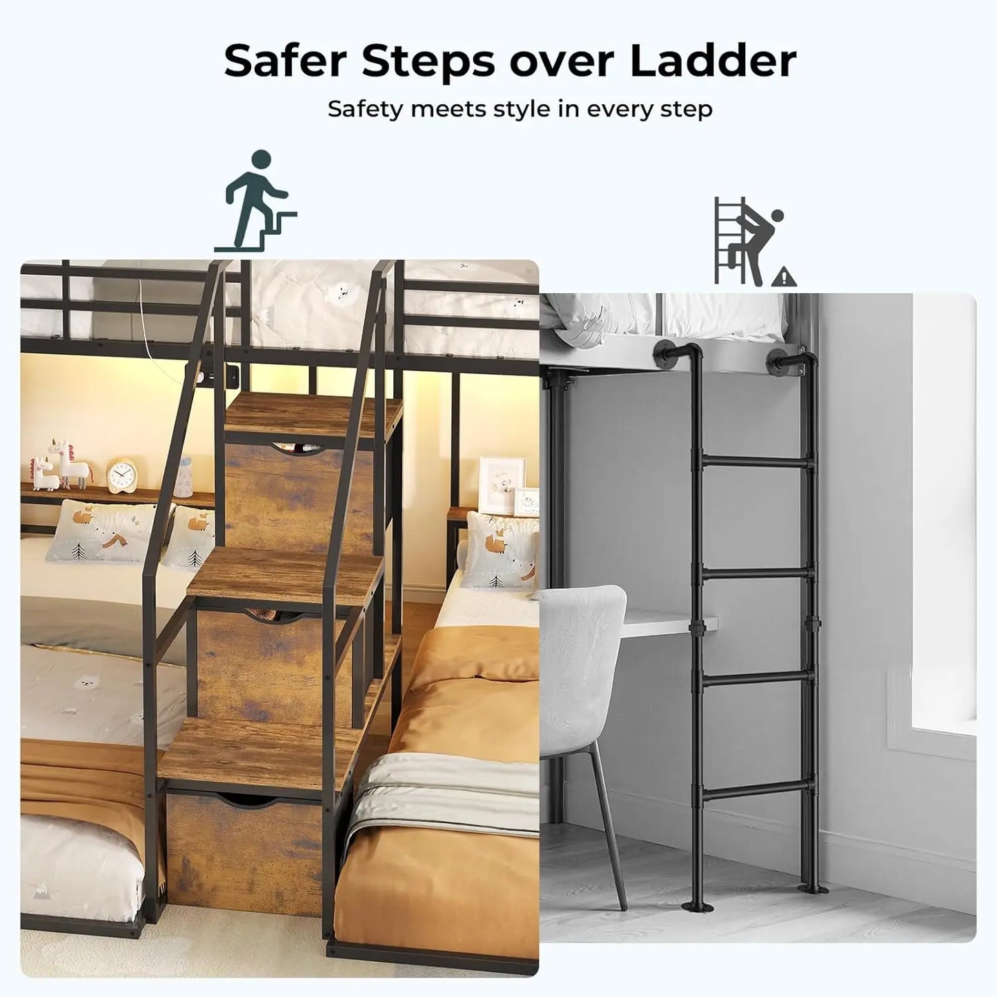 Triple Bunk Bed With Storage Staircase RGB Lights Charging Station