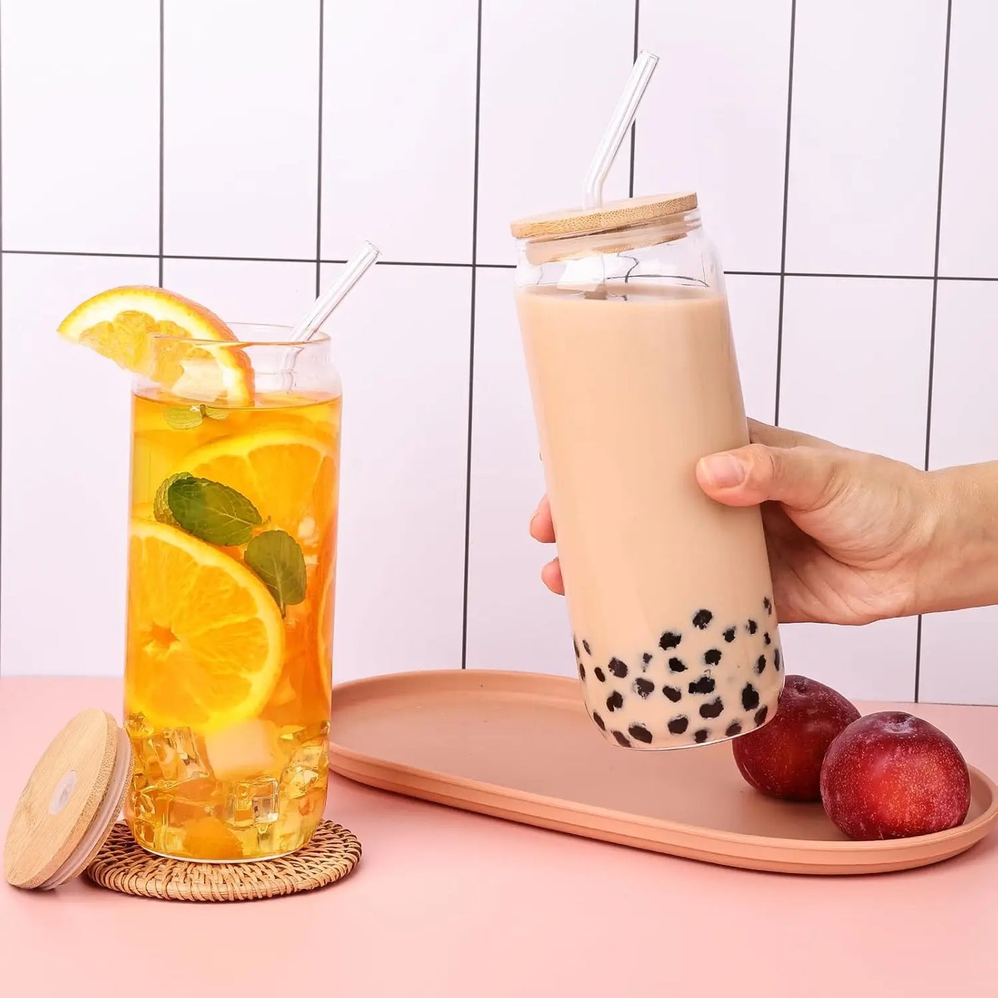 4-Piece Drinking Glasses With Bamboo Lids And Glass Straws