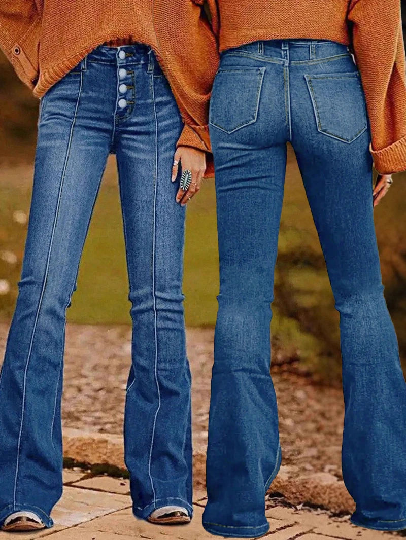 Womens Slim Fit Flared Jeans With Button Fly Denim