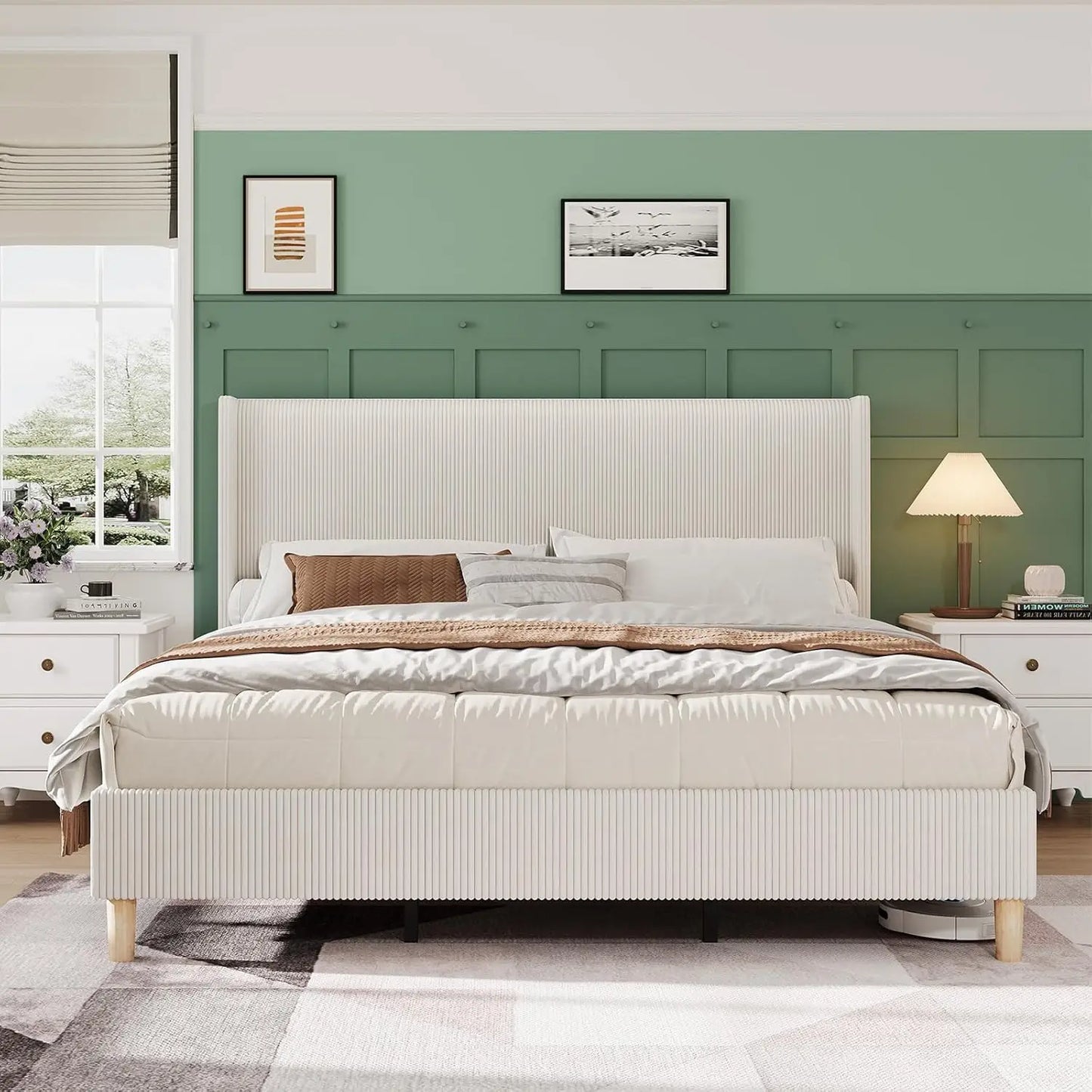 Corduroy Upholstered King Bed Frame with Wingback Headboard